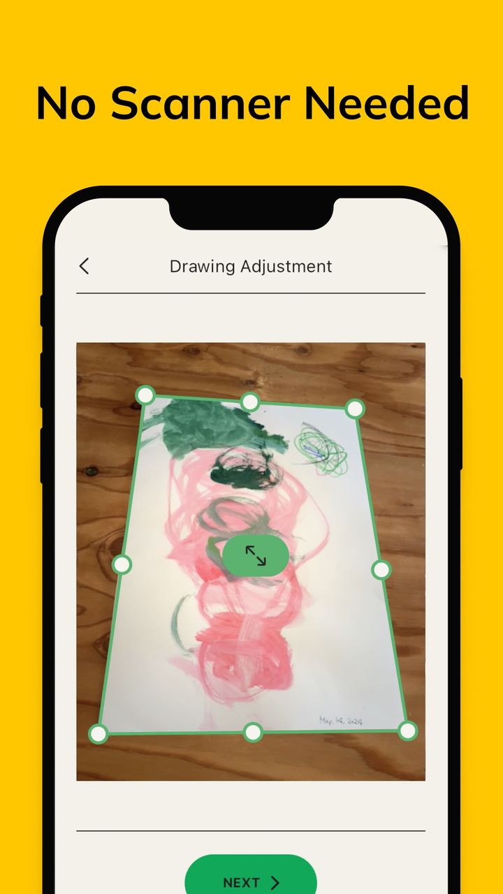 Drawing Adjustment screen with corner handles over a child's painting